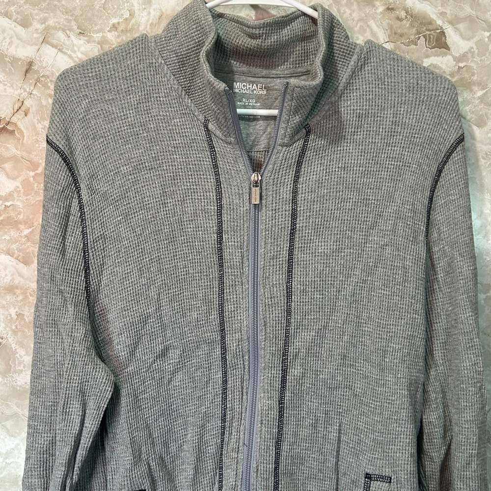 Michael Michael Kors Mens XL Gray Waffle Knit Full Zip Mock Neck Jacket